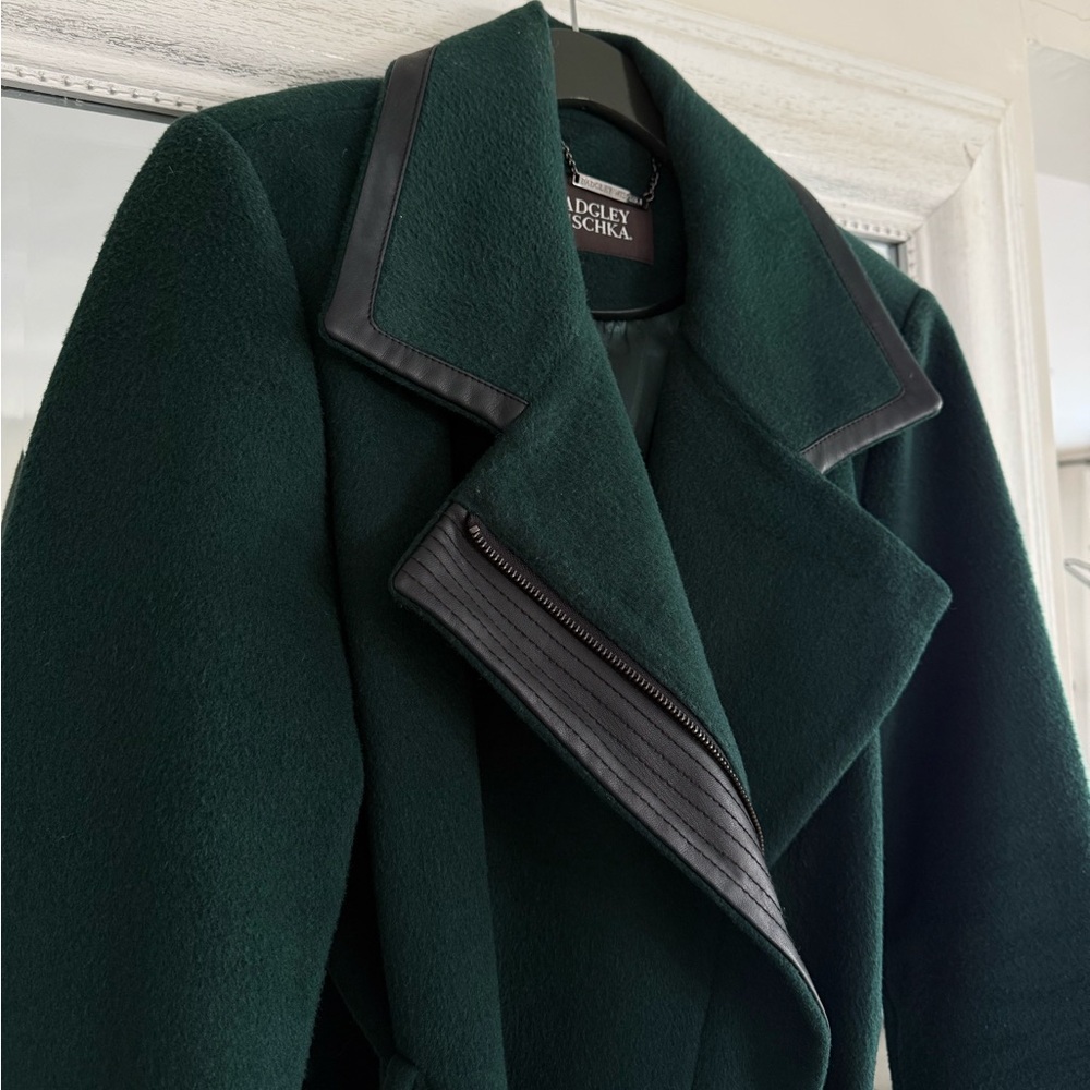 Badgley Mischka Wool Dark Green Pea wrap Coat with Black Trim vegan leather
